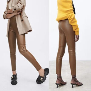 Zara High Waisted Faux vegan Leather Leggings brown tan 29131